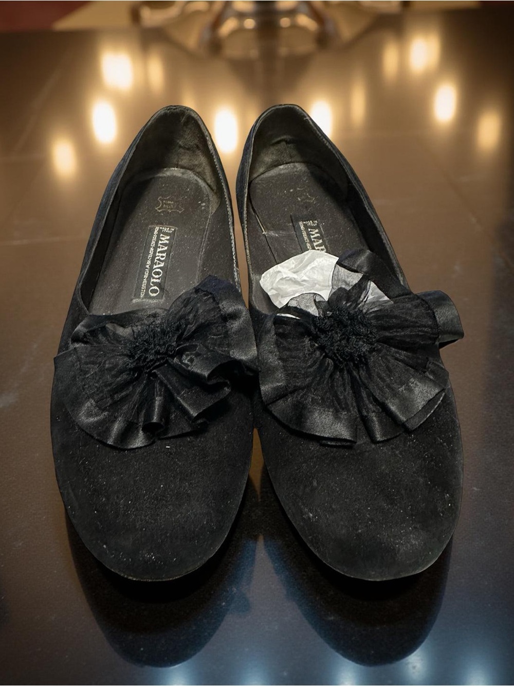 Black Suede Floral Bow Loafers